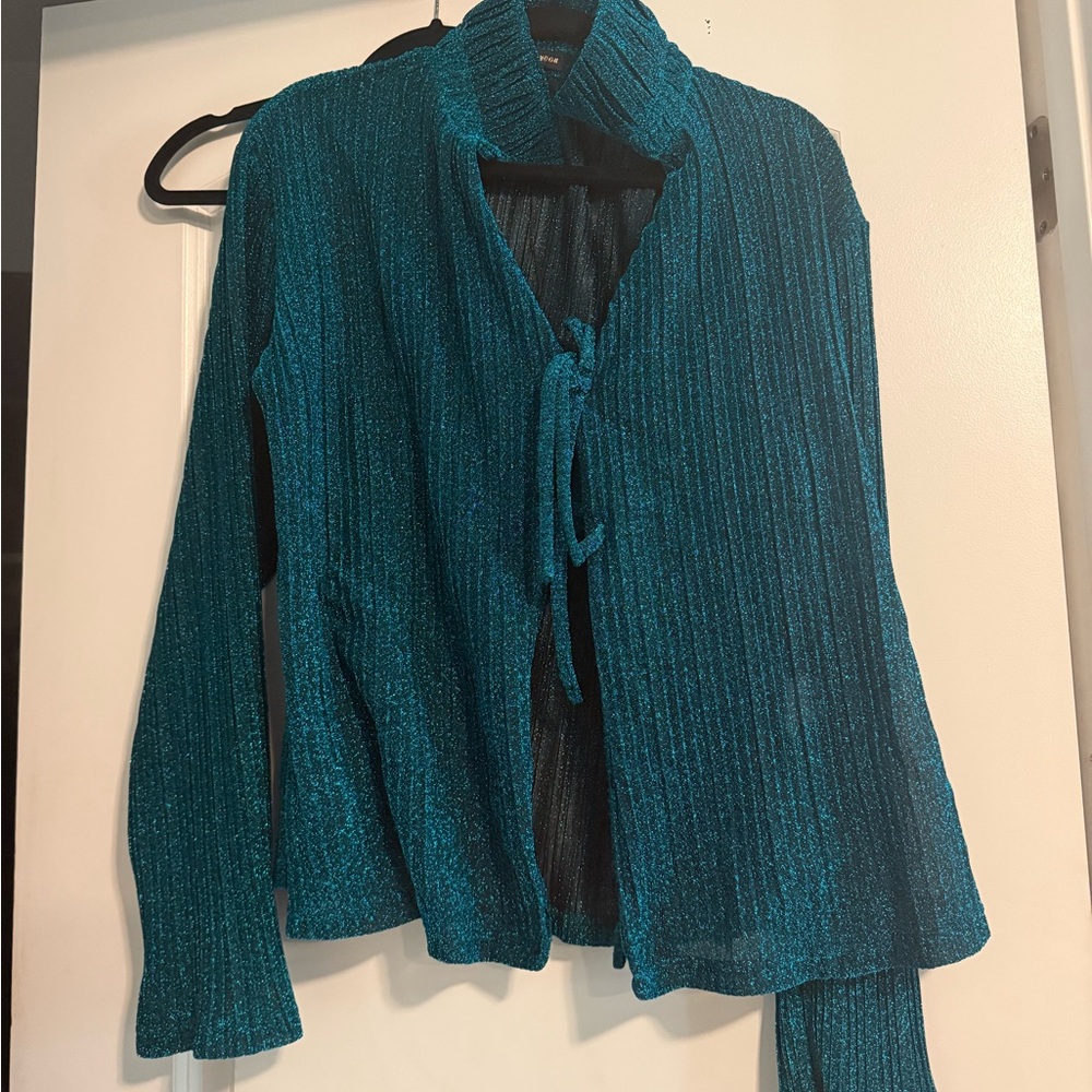 Teal Ribbed Knit Cardigan and Pants